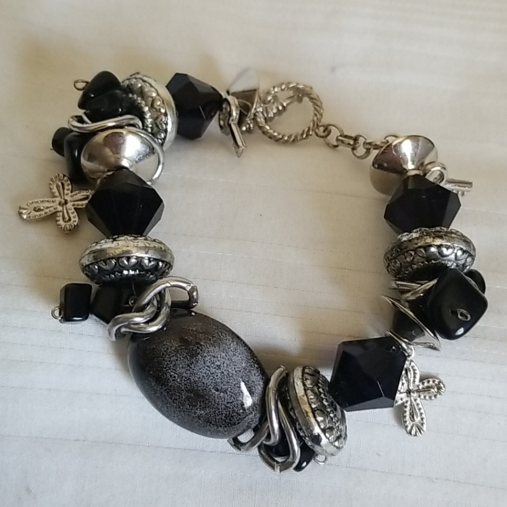 Silver Black Bead Cross Charm Bracelet